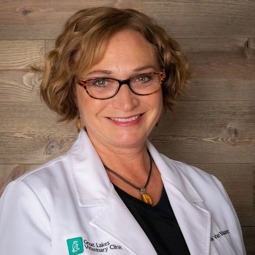 smiling female veterinarian standing in front of wood panel wall